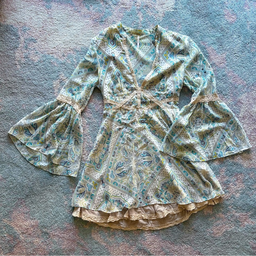 Free People Mini Dress Long Sleeve Bell Paisley Green Fairy Vibes